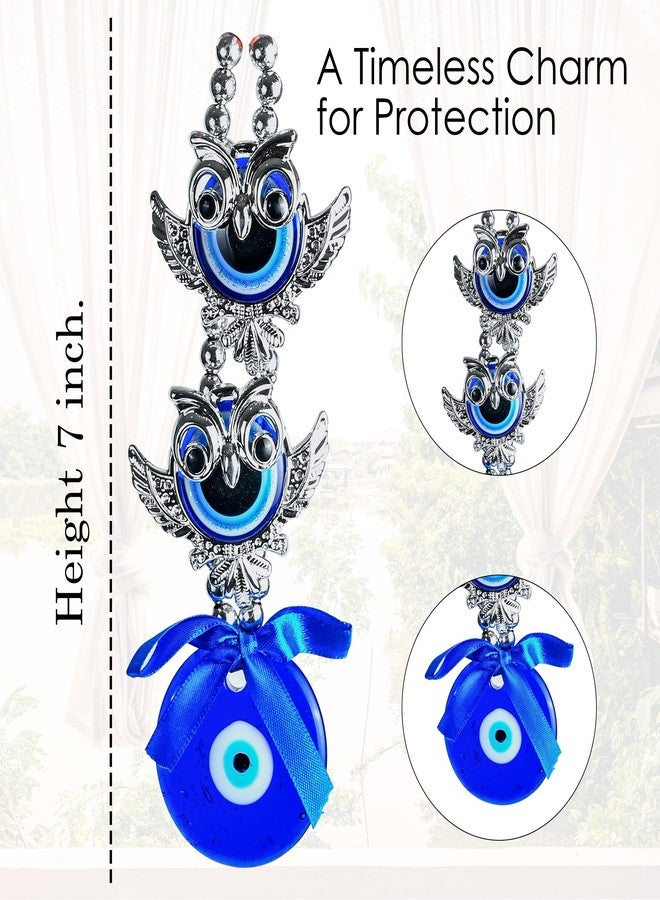 Hindcraft Hanging Decoration Items - 2 Owls Evil Eye Nazar Battu Hanging Showpiece | Protection Amulet for Home, Office & Car | Stylish Silver & Blue Good Luck Charm for Living Room Decor - Image 2